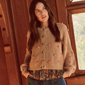 NWT The Great. Bobble Fisherman Knit Cardigan in Sand and Berry Size 0